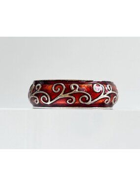 Orange Enamel Art Nouveau Inspired Sterling Silver 925 Vintage Ring - sz 9.75